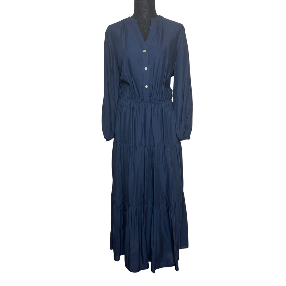 Falls Creek Navy Blue Viscose Linen Tiered Maxi Dress Womens Medium Long Sleeve
